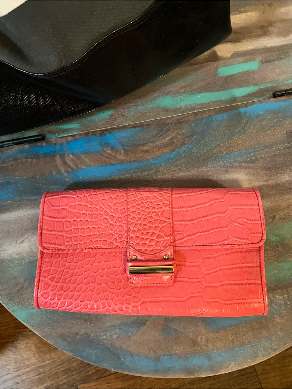 LOFT Coral Croc-Embossed Clutch with Gold-Tone Accent NWT